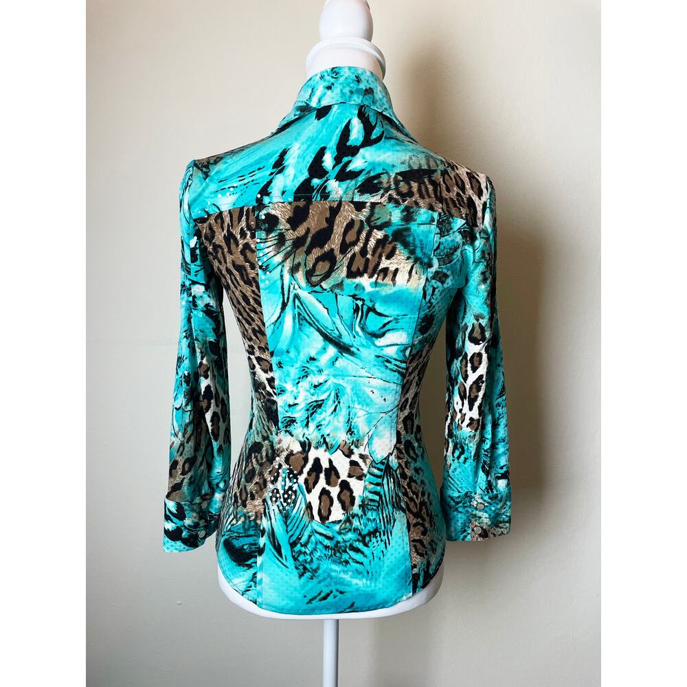Cache Vintage Rhinestone Embellished Animal Print Snap-Front Top Sz S - Picture 7 of 13